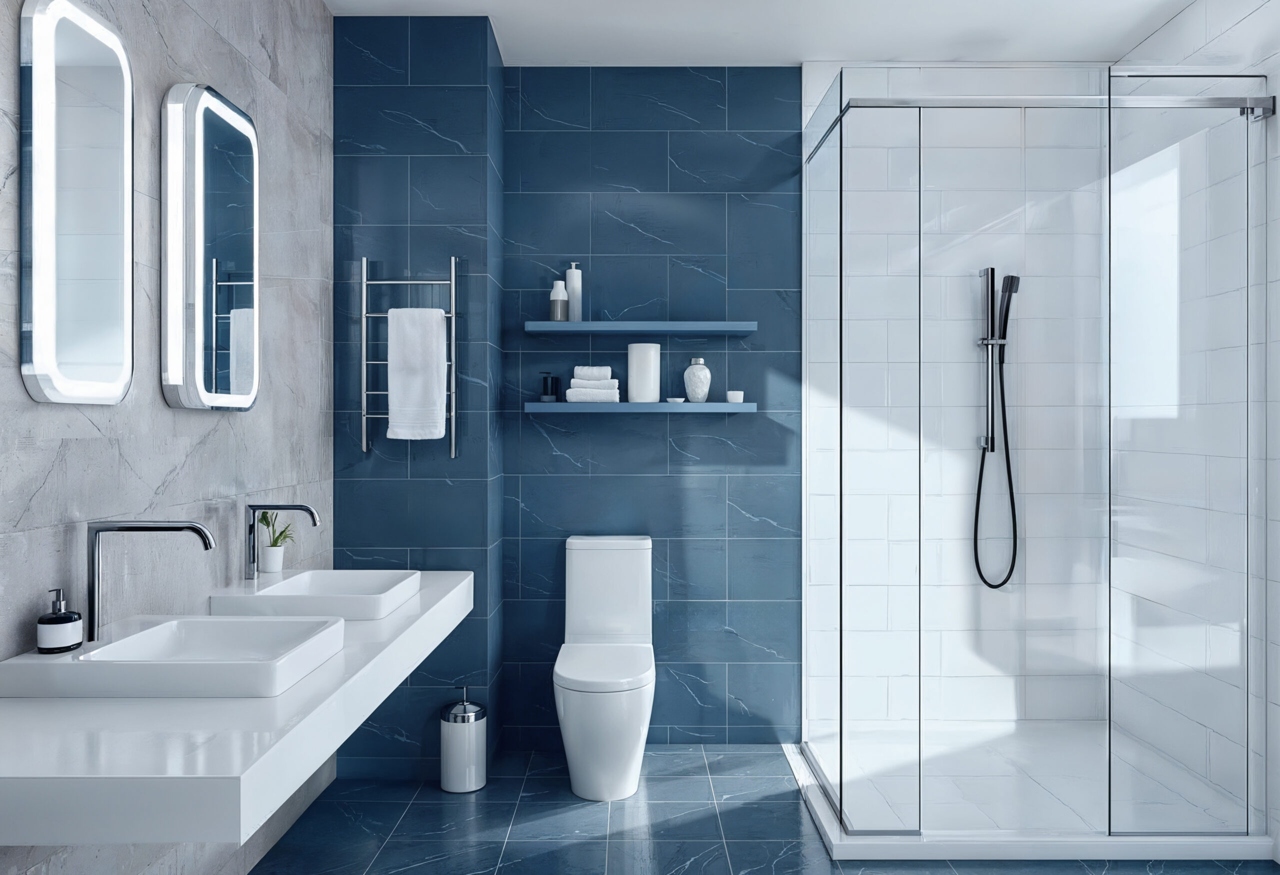 modern bathroom with blue tile glass shower